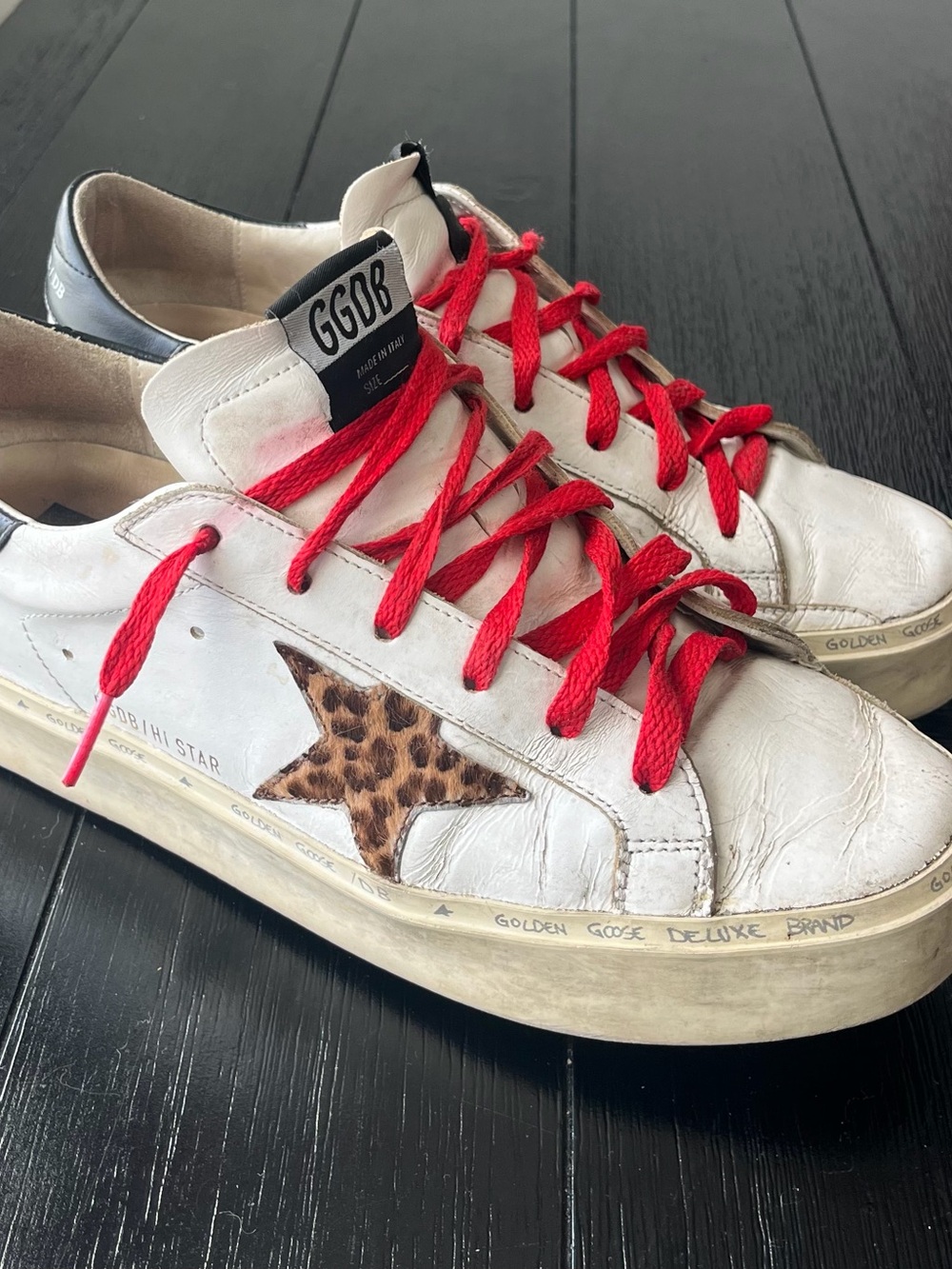 Golden Goose White Leather Sneakers with Leopard Star and Red Laces